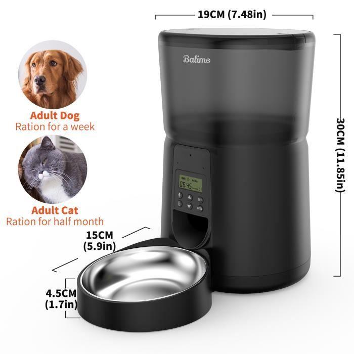 Balimo Automatic Food Dispenser 4L Kibble Dispenser for Cats and Dogs, 1 To 4 Meals Per Day Black
