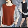 Cotton and Linen Plus Size Women's Fake Two-piece Striped Shirt Summer Fashion Stitching Vertical Striped Bat Sleeve Top
