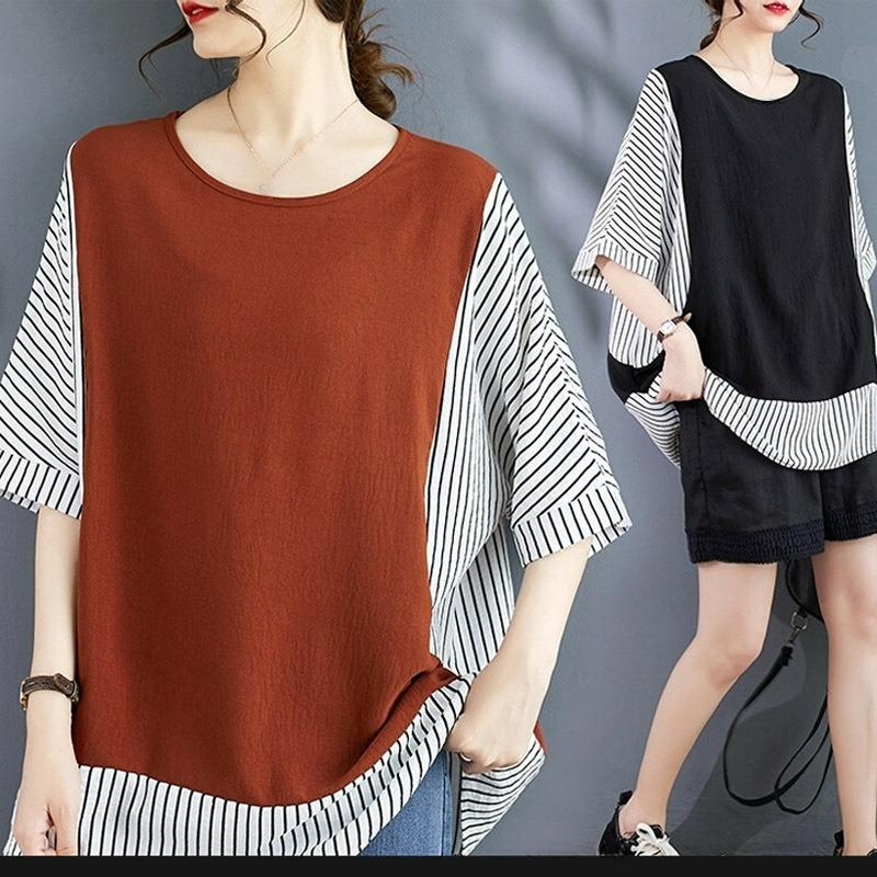 Cotton and Linen Plus Size Women's Fake Two-piece Striped Shirt Summer Fashion Stitching Vertical Striped Bat Sleeve Top
