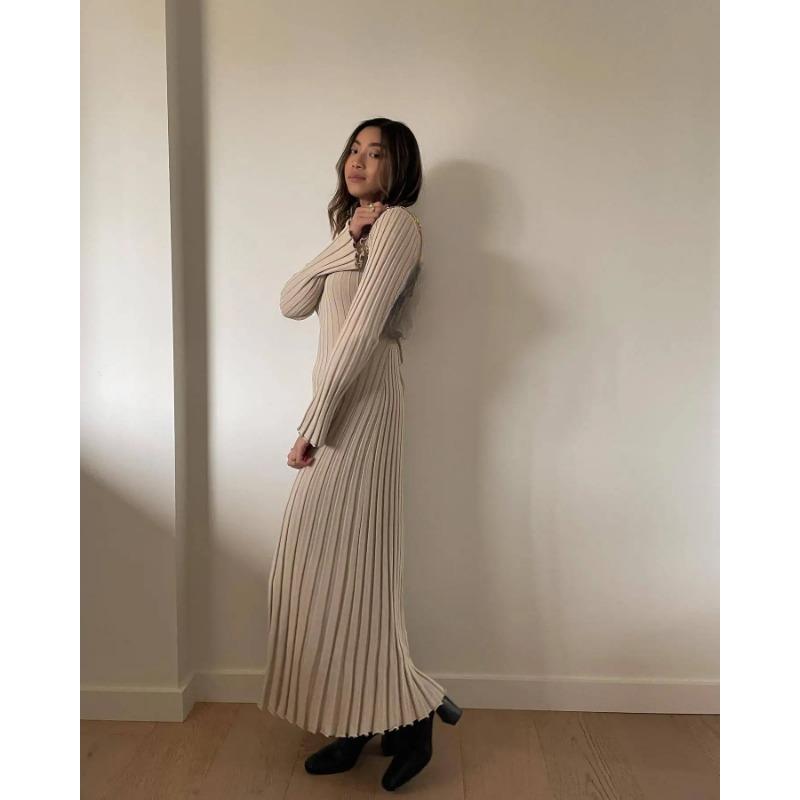 Rib-knit Side Split Maxi Dress Women Solid Color V-neck Slim Fit Robes Autumn Chic Office Lady Commuter Long Dresses