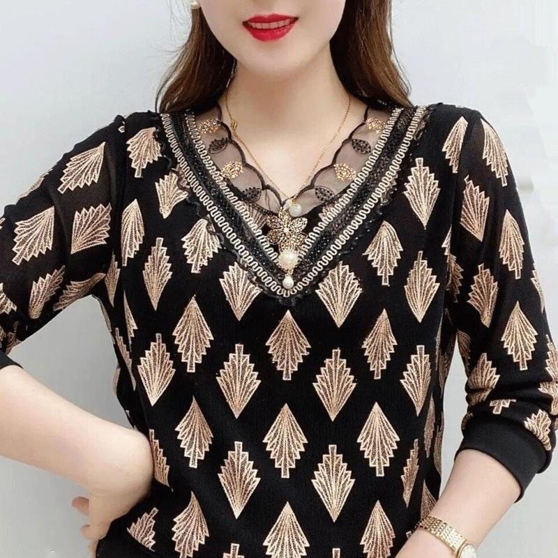 Office Lady Fashion Wave Printed Leaf T-shirt Lace Spliced Embroidery Chic Pearl Three-dimensional Decoration V-Neck Pullovers