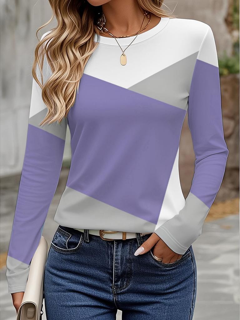 Damen 3D Colorblock-Nähte T-Shirt modisch langärmlig Rundhals normale Oberteile Feiertagswochenende Frühling und Herbst