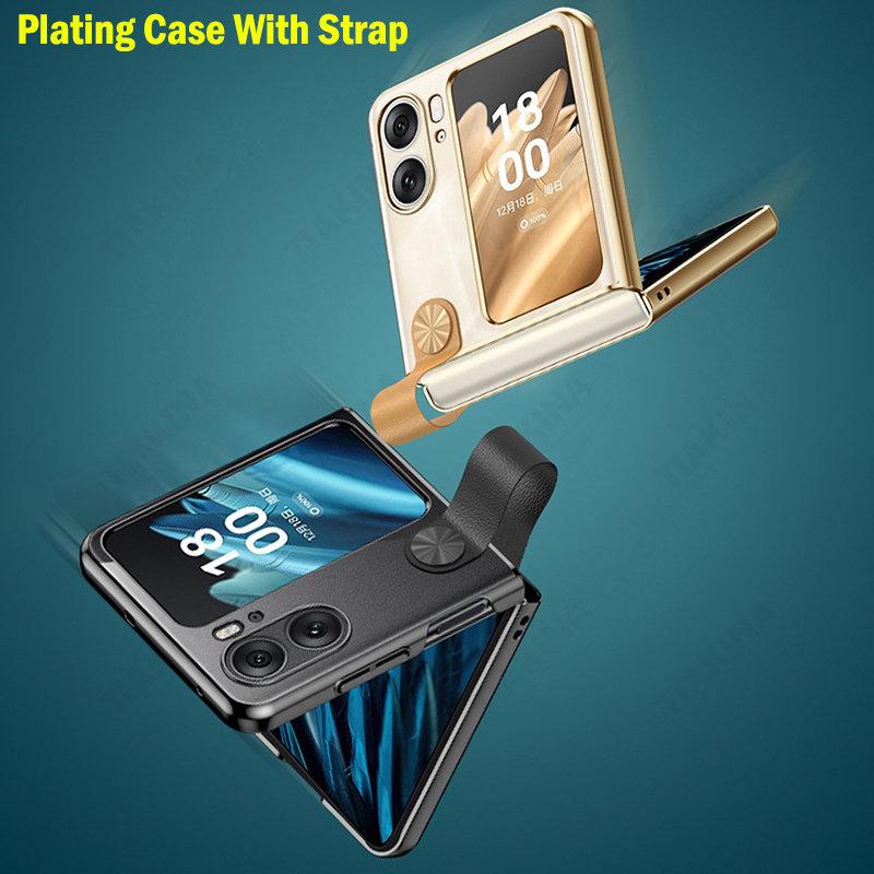 Plating Luxury Cover For Oppo Find N2 Flip Case With Leather Strap Stand Holder Funda For Oppo Find N2 Flip 5g Phone Case Capa
