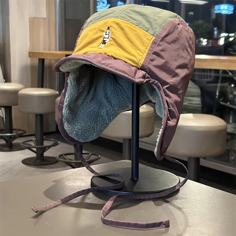 Casquette d'aviateur rétro pour homme doublée en polaire - Chapeau d'hiver léger avec cordon de serrage ajustable, Colorblock vert olive et marron, Doublure en polaire pelucheuse pour le ski