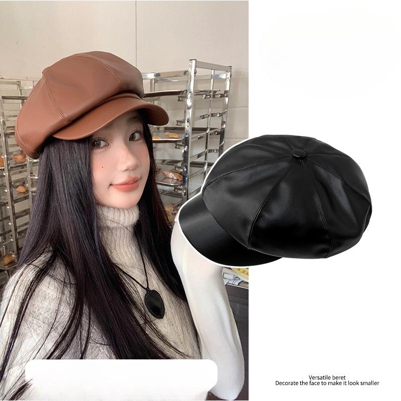 Winter Korean Style Student Cute Versatile Pu British Style Octagonal Hat Pumpkin Hat Korean Leather Beret Women
