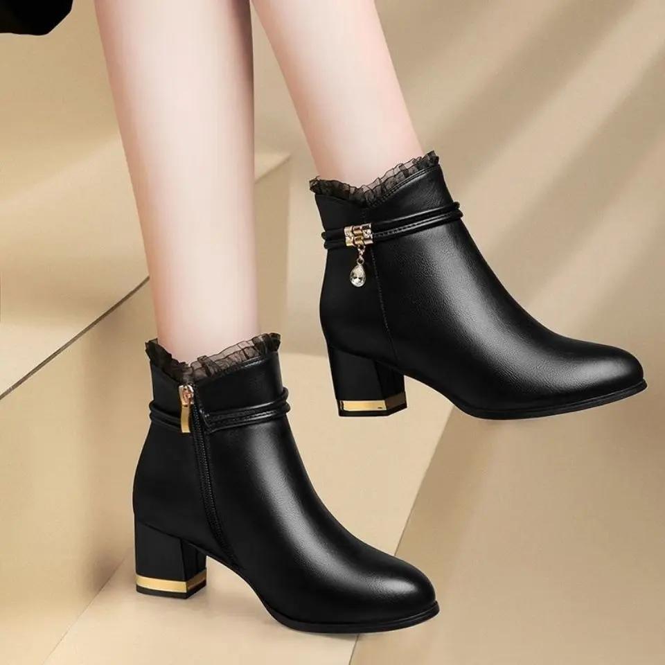 Fashion Black Women's Ankle Boots Leather Round Toe Spring Autumn Female Short Shoes Designer Luxury Y2k Pu On Offer Hot Sale 39 Booties