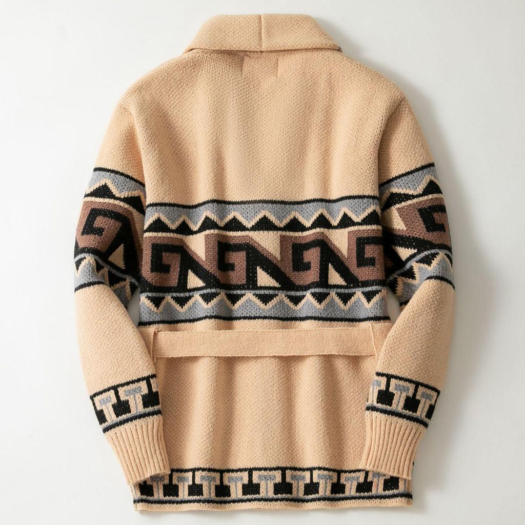Men's Autumn Winter Mid-Length Thick Knit Jacquard Belted Cardigan Sweater Coat SY0205
