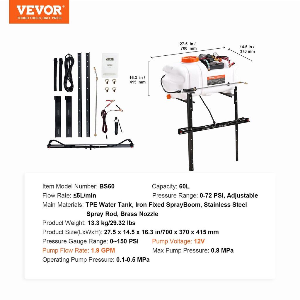 ATV-Sprüher 60 L / 15,9 Gal ATV/UTV-Punkt-Sprüher mit einem Düsenbalken 1,9 GPM