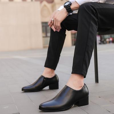New 8CM Platform Leather Shoes Men Two-layer Cowhide Dress Shoes 2024 Fashion Pointed Toe Zipper Black Casual Business Man Shoe