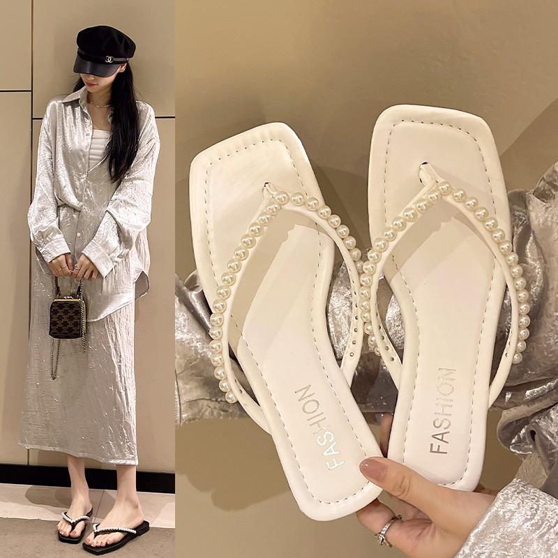 2024 New Fashion Hot Selling Women's Slippers Flip-Toe Wear Beaded Decoration Solid Color Comfortable Versatile Casual Zapatos