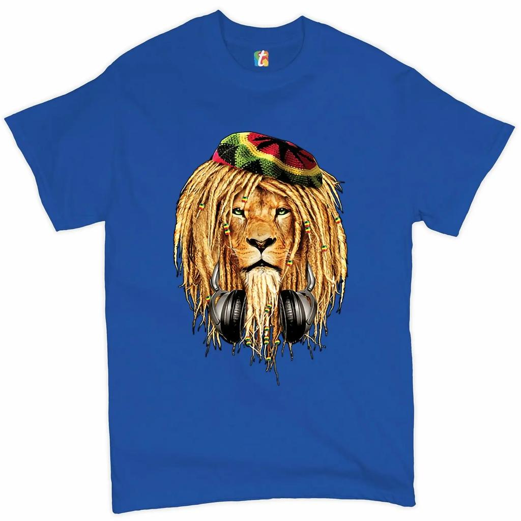 Royal Lion with Headphones Jamaican Reggae Music Lovers T-Shirt 100% Cotton O-Neck Short Sleeve Casual Mens T-shirt Size S-3XL