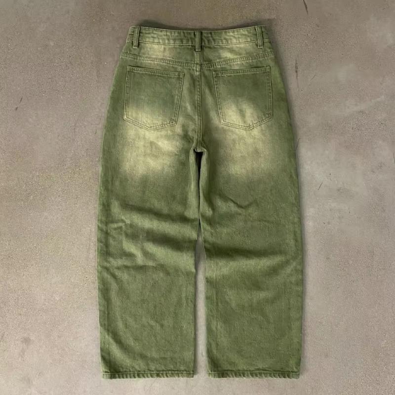 Y2K Street Matcha Džínové Kalhoty Kapsa Zelená Kulička Výšivka Džínové Kalhoty Londýnský High Street Trend Streetwear Unisex Volné Džíny