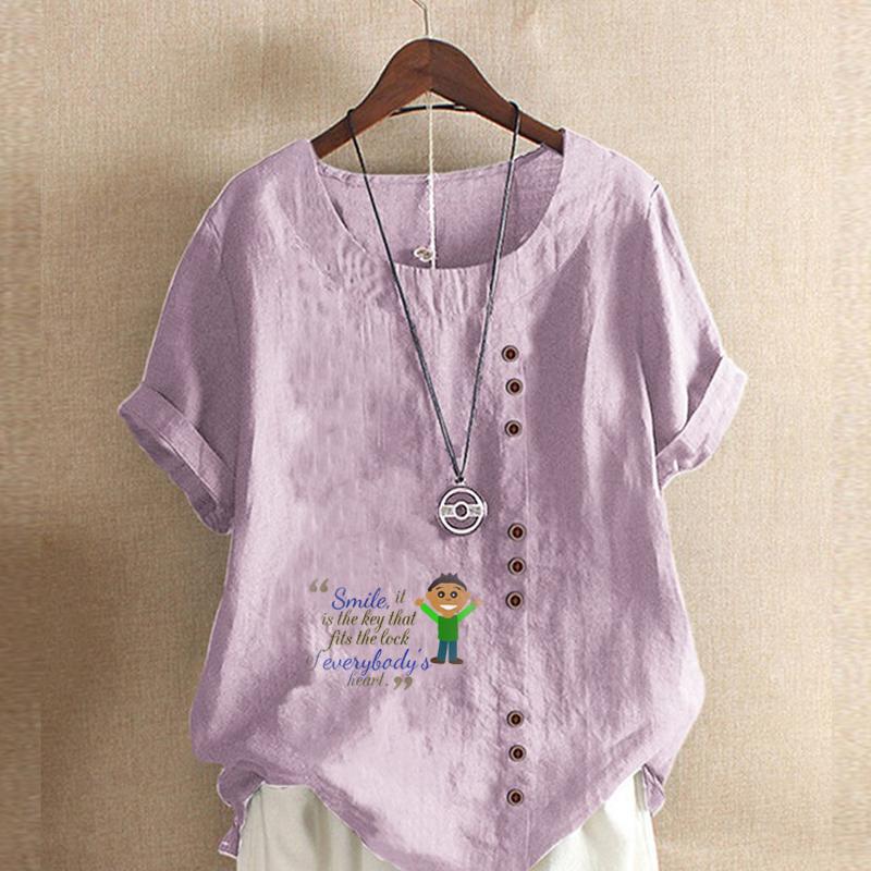 Damenmode Rundhals Kurzarm T-Shirt Lässiges Baumwollleinen Grafikhemd Freizeit Lose Buchstaben Gedruckt Sommer Bluse Tops
