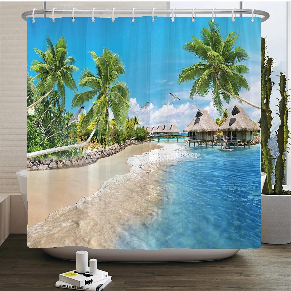 Waterproof Shower Curtain For Bathroom Sunny Sea Beach landscape Print Bathtub Curtains Polyester Bathroom Curtain with 12 Hooks
