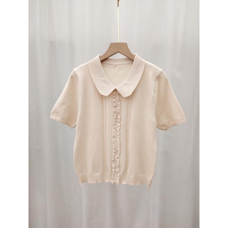 Sweet Wooden Ear Sleeve Short-Sleeved Knitted T-Shirt for Women - Summer New Design - Casual and Versatile Baby-Style Top