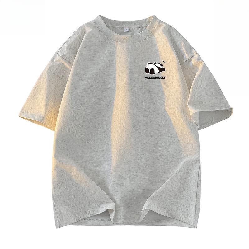Sommerliches Baumwoll-T-Shirt mit lockerem Schnitt, Panda-Grafikdruck und Fünf-Minuten-Ärmeln