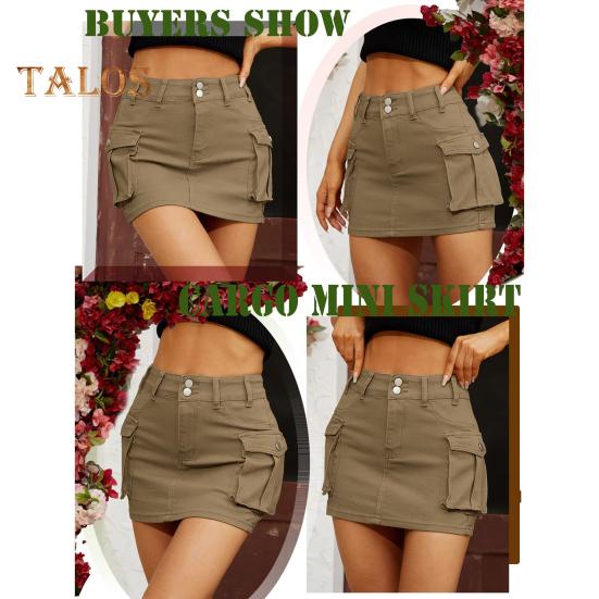 Mini fustă de blugi pentru femei Fusta cargo cu talie joasă cu buzunar, culoare solidă, cu buton, fermoar, fustă scurtă, îmbrăcăminte de stradă