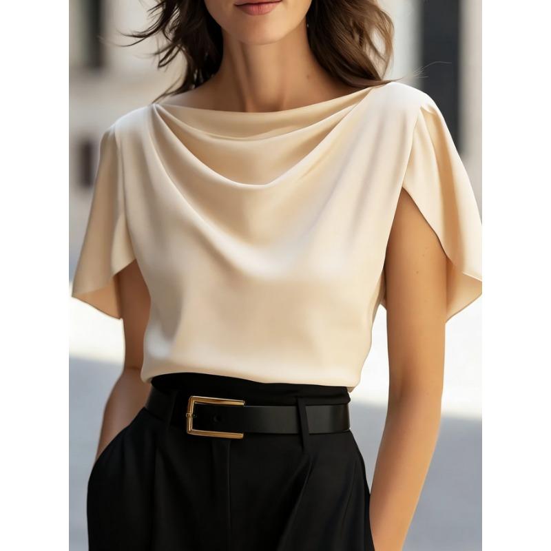 Summer New Style Satin Imitation Silk Swag Collar Drape Short-sleeved Top Casual Shirt for Women