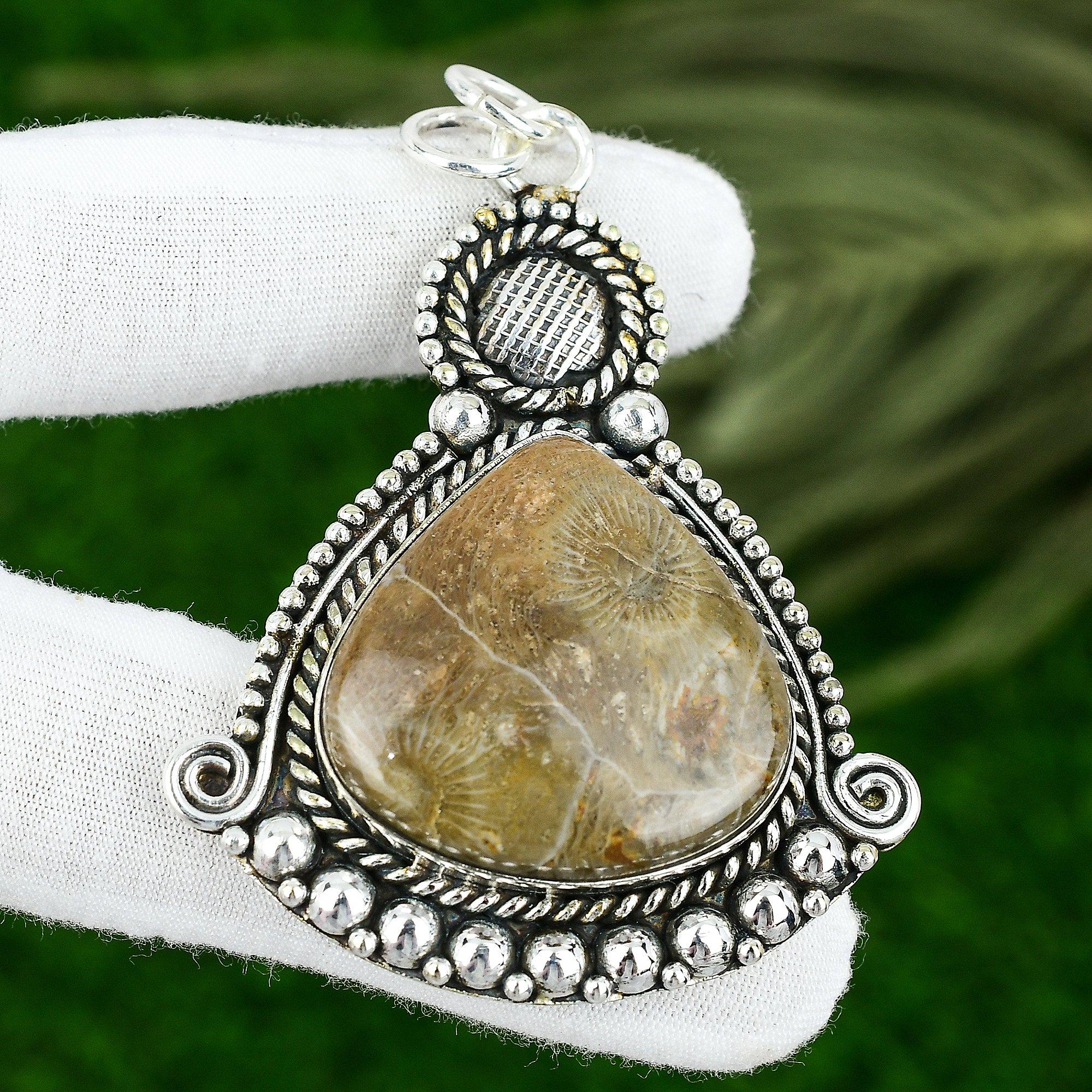 Sisters Day Sale 925 Silver Pear Fossil Coral Stone Mother New Pendant Jewelry