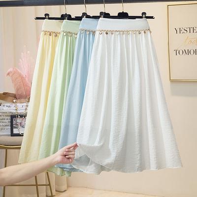 White Midi Skirt Women's Summer New Pleated Skirt High Waist A-line Umbrella Skirt