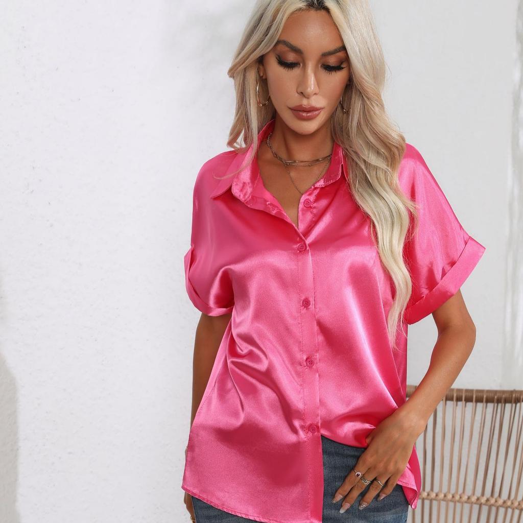 Women's Summer Satin Short Sleeved Shirt Top