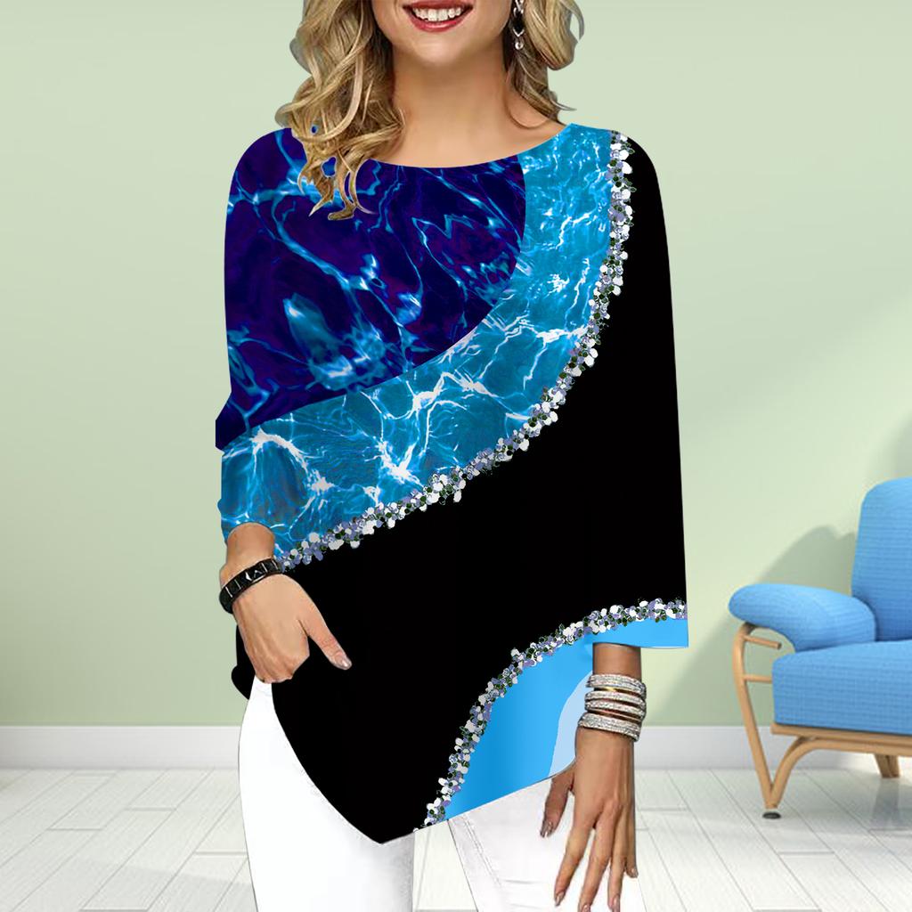 Women's Three Quarter Sleeve Round-Neck T-Shirt Loose Shirts Casual Luminous Glass Print Tee Tops