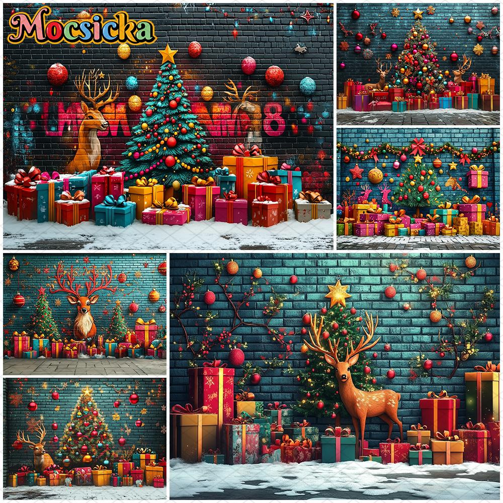 Mocsicka Christmas Background Photography Happy New Year Party Xmas Tree Graffiti Wall Decoration Child Photo Backdrop Wallpaper