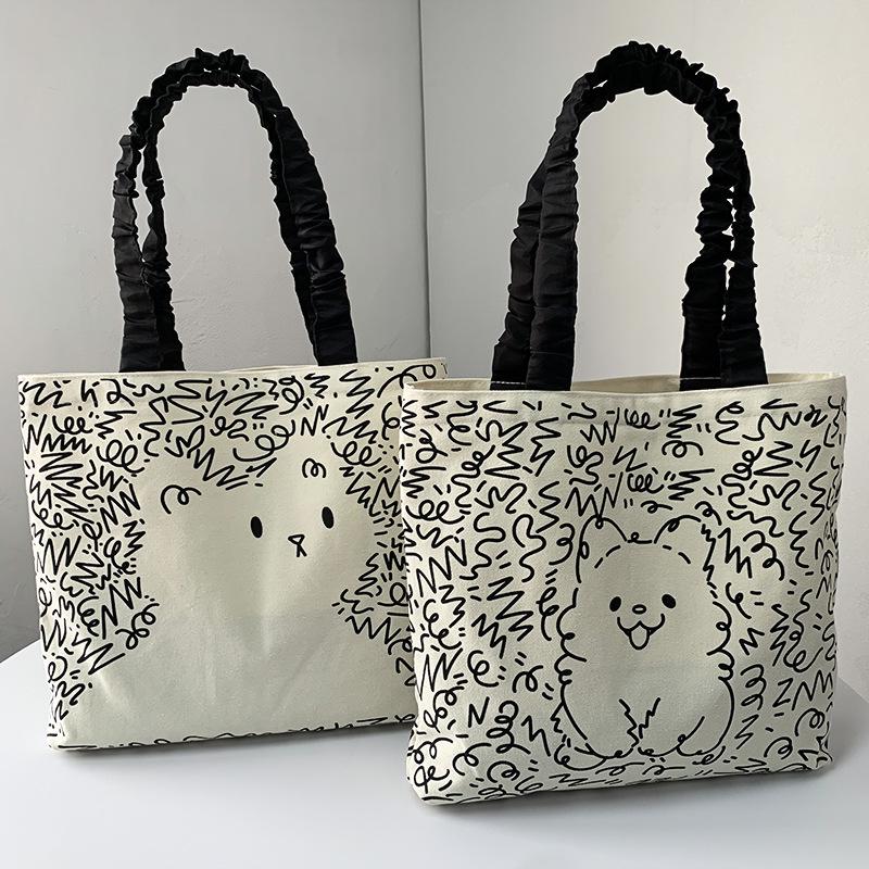 Geantă de umăr pânză drăguță cu pisici și câini pentru femei - Geantă tote artistică de vară cu imprimeu de desene animate, capacitate mare pentru studenți