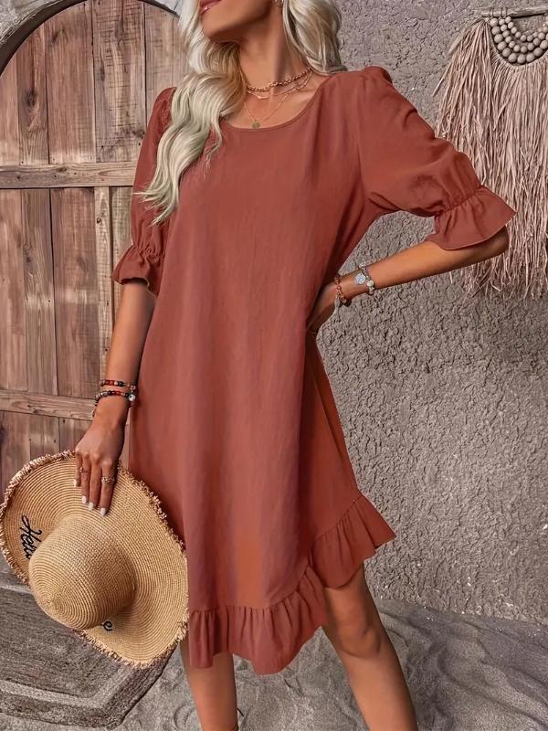 Rochie retro de damă, din bumbac și in, cu mâneci medii, cu gât rotund, de culoare uni, cu tiv lejer