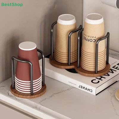 Wooden Base Paper Cup Dispenser, Metal Frame Disposable Cup Holder for Countertop