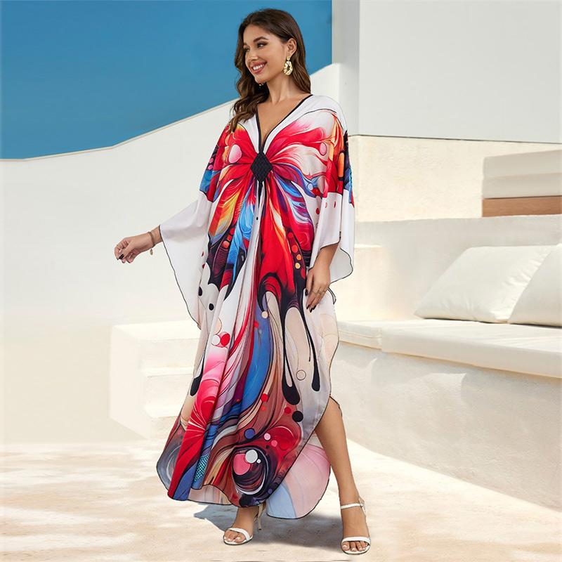 EDOLYNSA 2024 Women's Plus Size Kaftan Beach Maxi Dress Red Butterfly Printed Turkish Robe Summer Holiday Beachwear Bathing Suit Cover Up Q1588