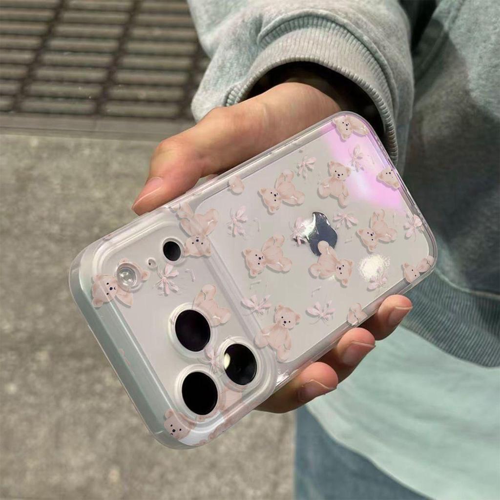 Transparent Cartoon Bear Phone Case with Integrated Button for Apple 14/15/16/17