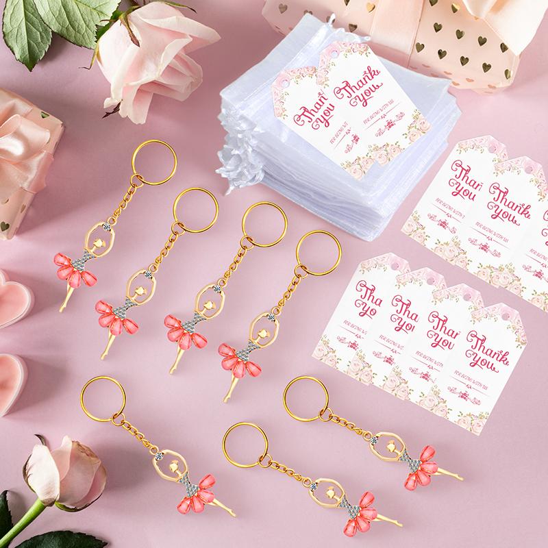 10 Sets Guests Return Gifts Including Ballet Dancer Keychains Thank You Tags White Organza Bags For Baby Shower Favors