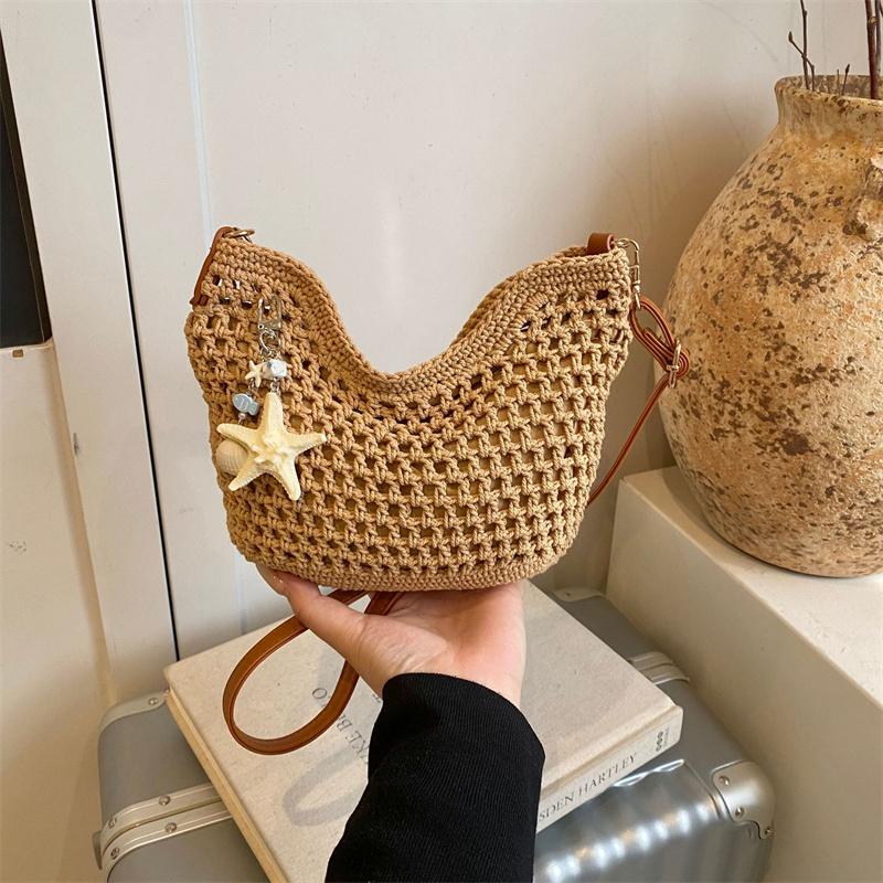 

Yogodlns Summer Handmade Woven Beach Ladies Shoulder Bags Starfish Crochet Crossbody Bags Vacation Small Handbag for Women 24x1x19cm хакі