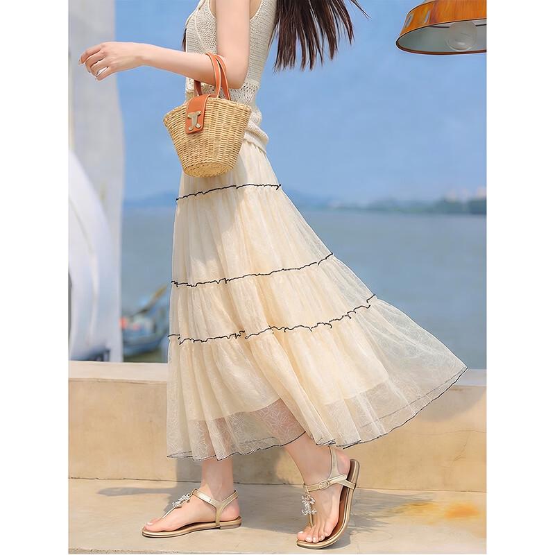 French Sweet Lace A-Line Layered Skirt One Size бежевый