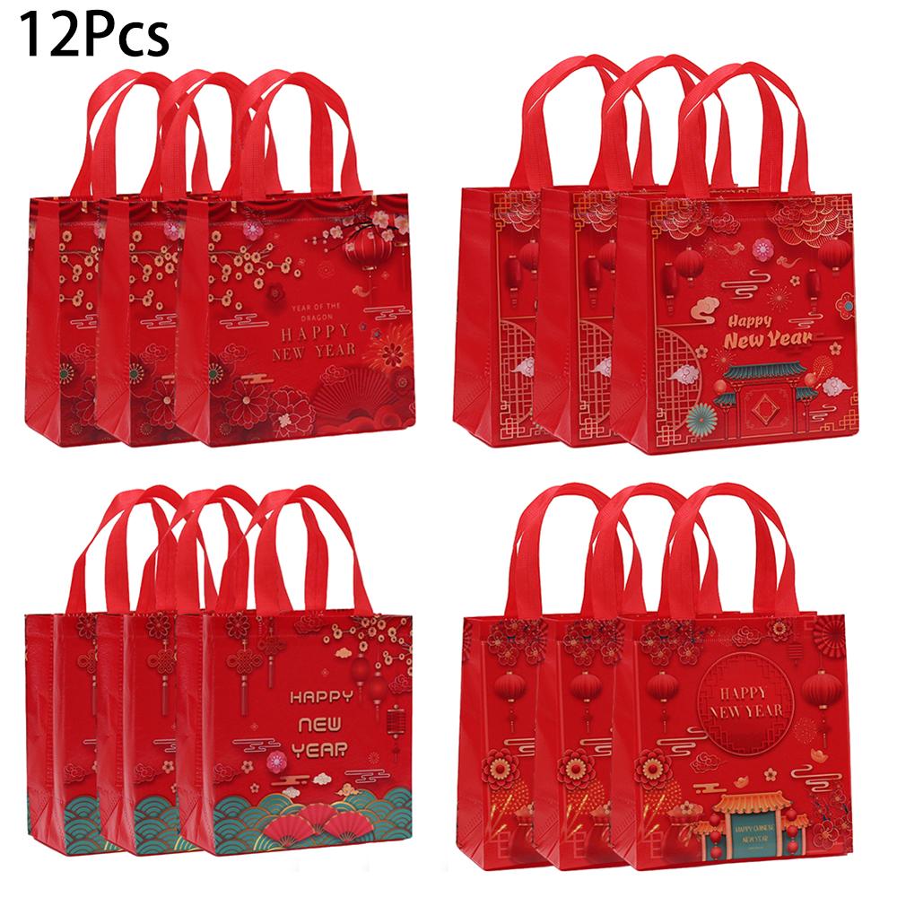 

12Pcs Chinese Happy New Year Gift Packing Bag Non-Woven Candy Bags for China Spring Festival theme Party Decoration 23x22x11cm