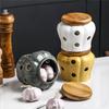 1pc Ceramic Garlic Keeper With Bamboo Lid, Hollow Design Jar, Ventilated Kitchen Storage And Decor, Ceramic Garlic Container
