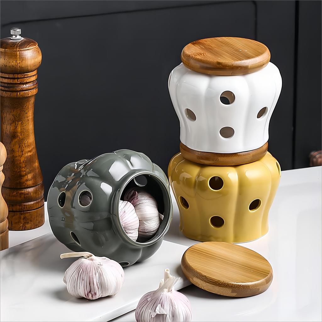 1pc Ceramic Garlic Keeper With Bamboo Lid, Hollow Design Jar, Ventilated Kitchen Storage And Decor, Ceramic Garlic Container