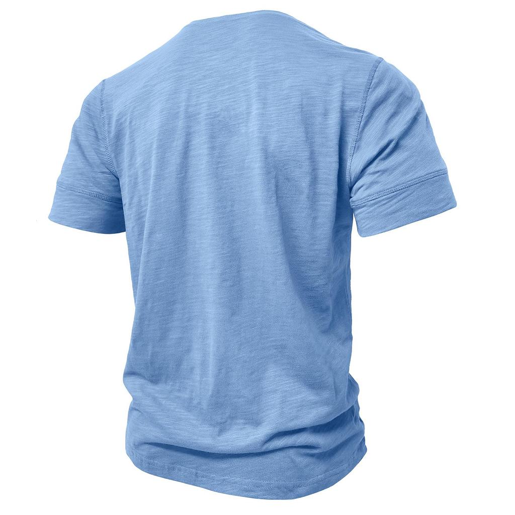 Men’s T-shirts Henley Collar Short Sleeves Cotton Polo Shirts Solid Color Casual Tops