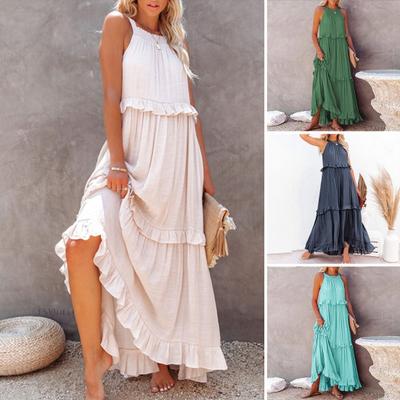 Women Vacation Dress Loose Pleated Neck Shoulder Sleeveless Halter Ruffle Off Patchwork A-line Side Pockets