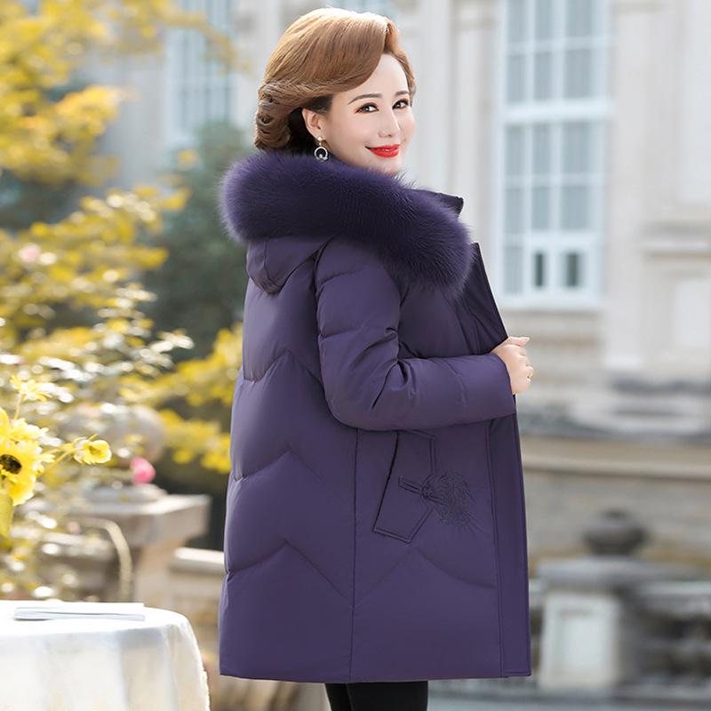 2026 Women's Mid-Length Thickened Down Jacket with Fur Collar - Plus Size, Over-the-Knee Winter Wear for Middle-Aged and Elderly Ladies