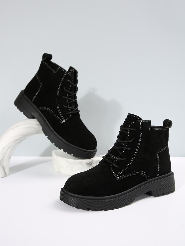 2024 New Winter Fleece Frosted Leather Martin Boots Women's British Flat Bottom Short Boots Soft Leather Boots