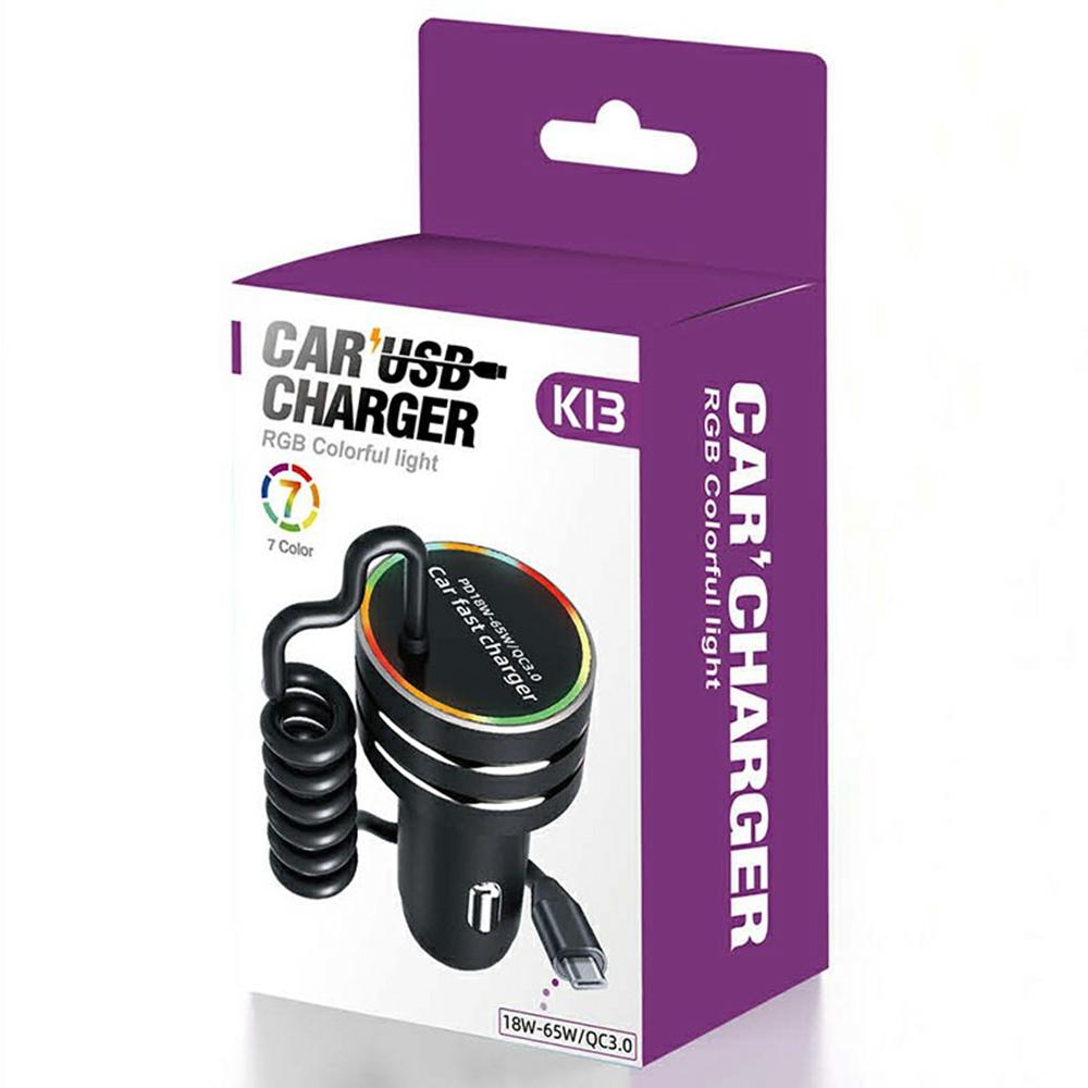 K13S 7-Color Ambient Lamp PD Fast Charging Car Charger with 1m Type-C Elastic Spring Wire