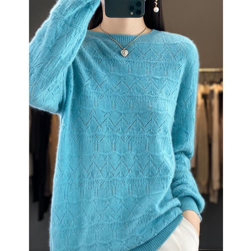 Women's Hollowed-Out Wool Round Neck Sweater - New Style, Loose Fit, Versatile Pullover for Spring and Autumn