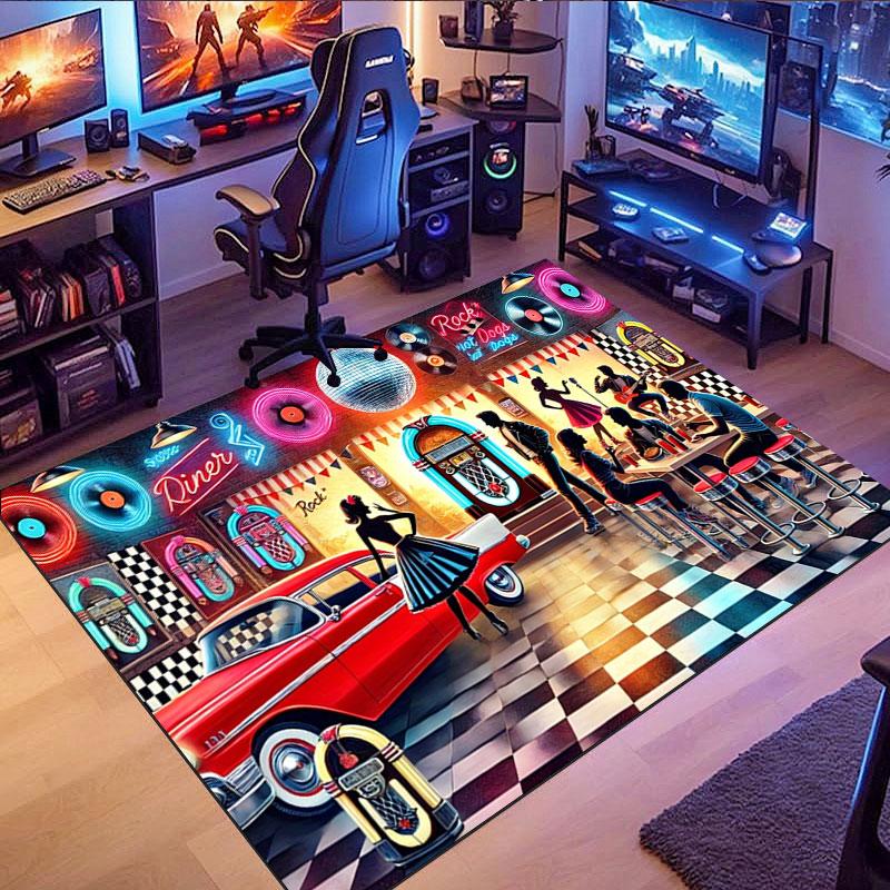 Retro Car & Rock Bar Themed Rug, non-slip rug, suitable for living room, bedroom, game room, computer room and home décor.