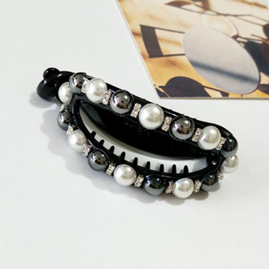 Women Hollow Geometric Oval Rhinestone Faux Pearl Hairpin Ponytail Hair Clip