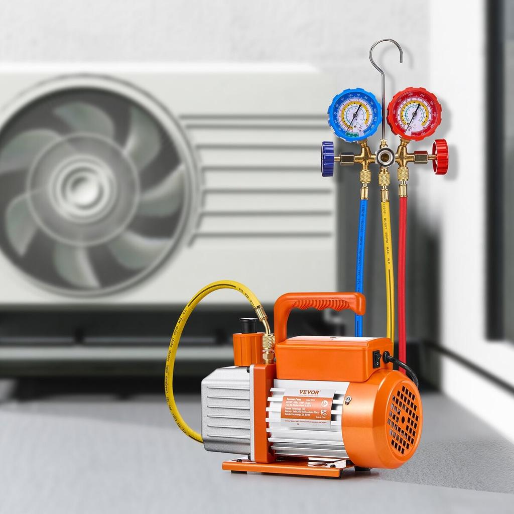 3.5 CFM HVAC Single Stage Rotary Vane Vacuum Pump and Manifold Gauge Kit Compatible with R134a, R22, R12, and R502 Refrigerants