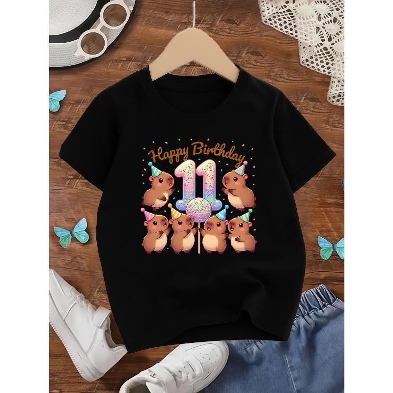 European sizes Girl's Round Neck Short Sleeve Capybara Balloon Birthday Print, Sweet and Cute, Spring/Summer School and Outing Outfit