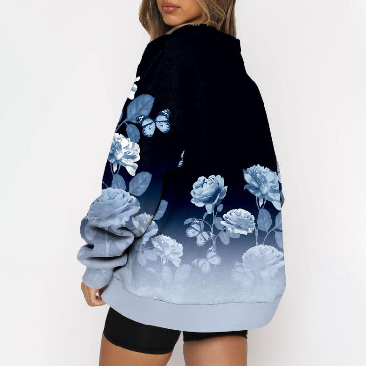 Women's Fashion Casual Oversized Drop Shoulder Floral Print Long Sleeve Zipper Sweatshirts Outdoor