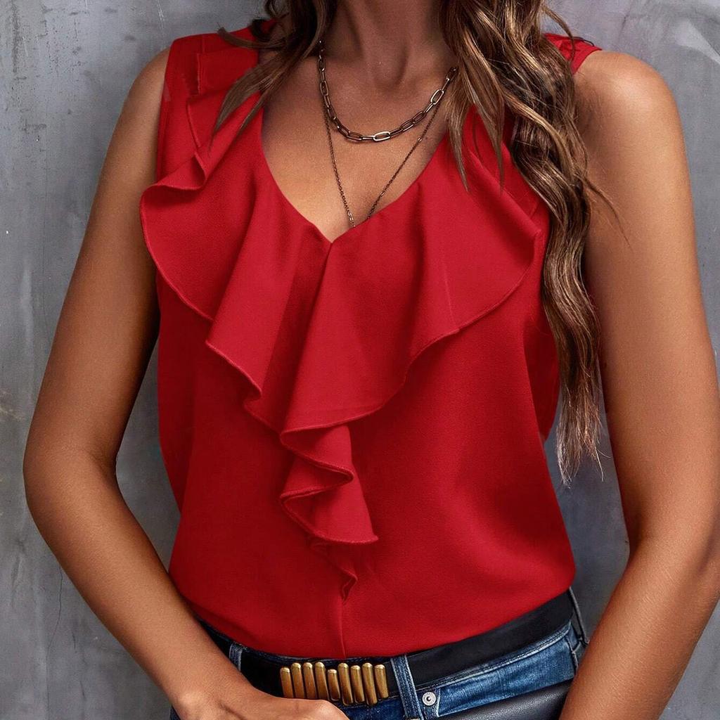 GMXIA Women's Vest V-neck Ruffled Fresh Sweet Sleeveless Top